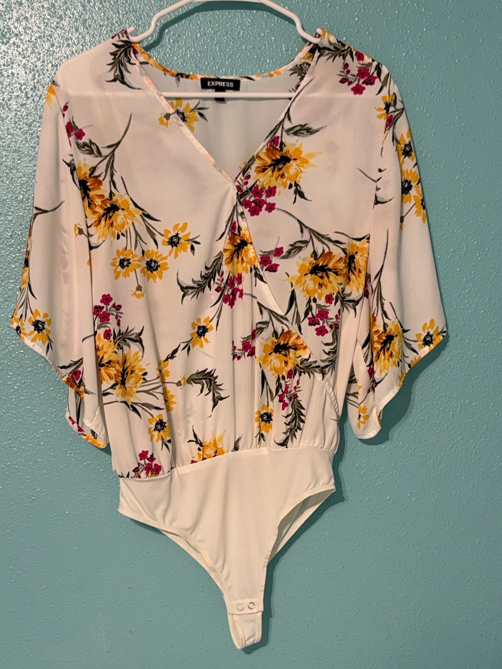Express Cream and yellow Floral faux Wrap body suit